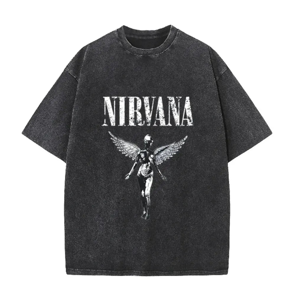 Vintage Distressed Washed Tee Nirvana Grunge Rock Silver Angel Skeleton Print Loose Fit Short Sleeve T Shirts by Vimost Shop