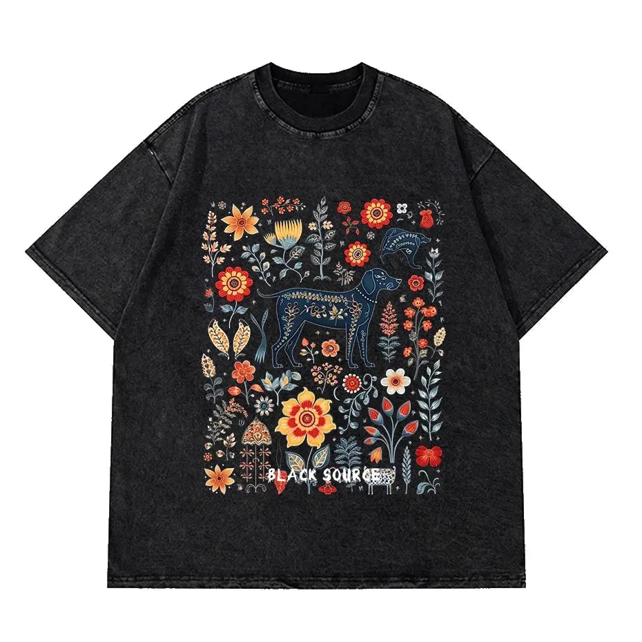 Gothic Dog Letter Print Vintage Washed Oversized T-Shirt by Vimost Shop