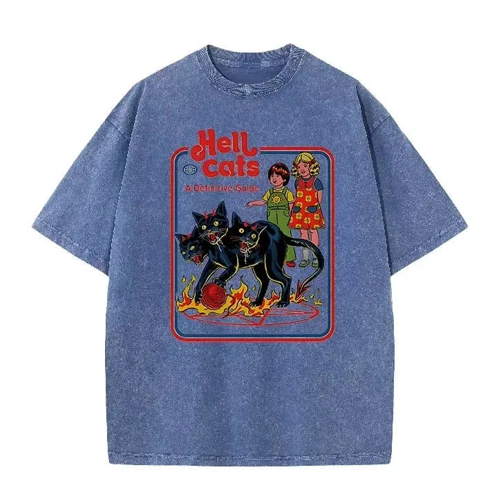 Purple Acid Wash Hell Cats Graphic Casual Retro Streetwear Tee by Vimost Shop