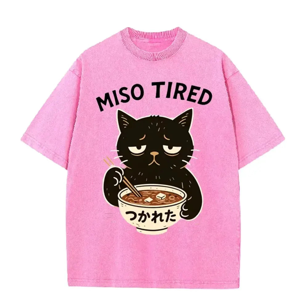 Vintage Washed Purple Miso Tired Black Cat Miso Soup Casual T Shirt by Vimost Shop