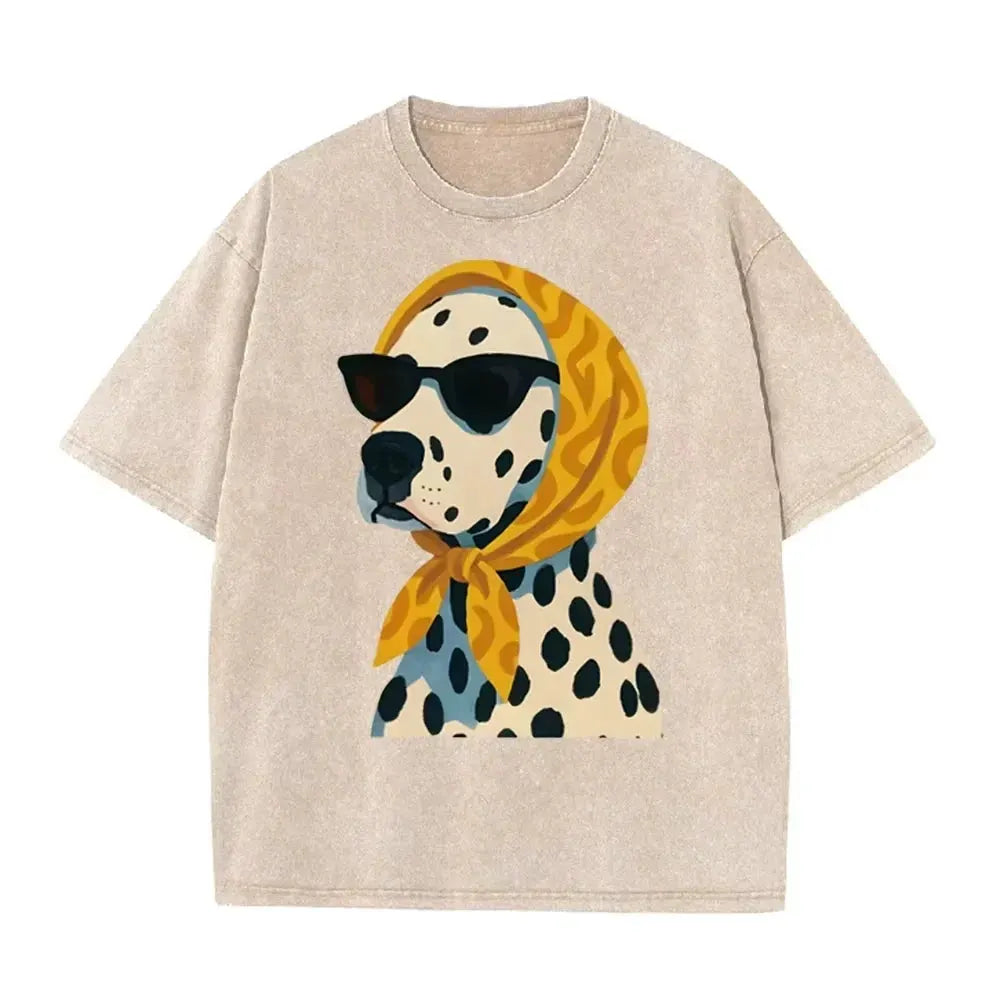 Distressed Vintage Washed Tee Stylish Cool Dalmatian Cartoon Animal Print Loose Fit Short Sleeve T Shirts by Vimost Shop