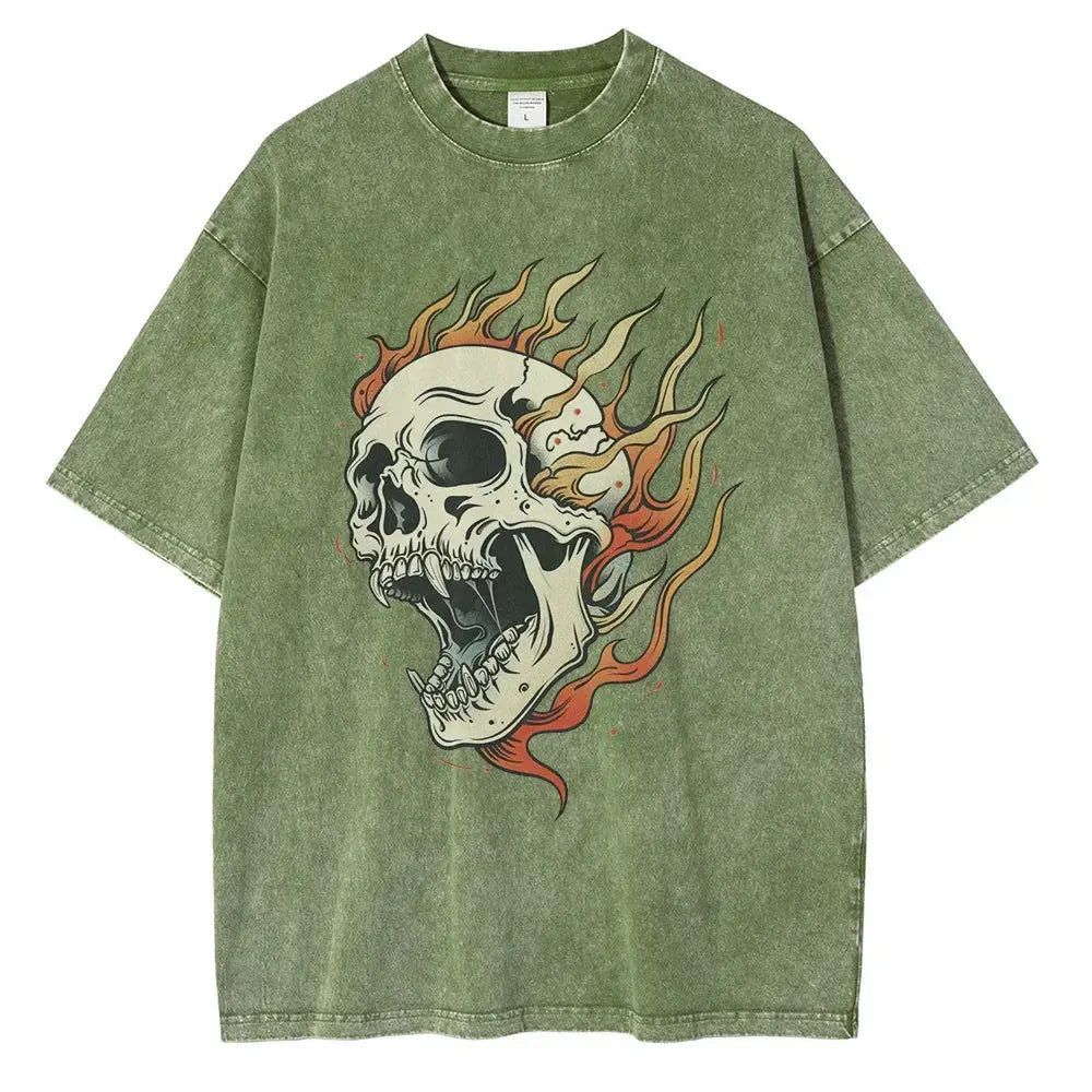 Men's Flame Skull Printed T-shirt Thick Cotton Washed T-shirt,Large Retro Top by Vimost Shop