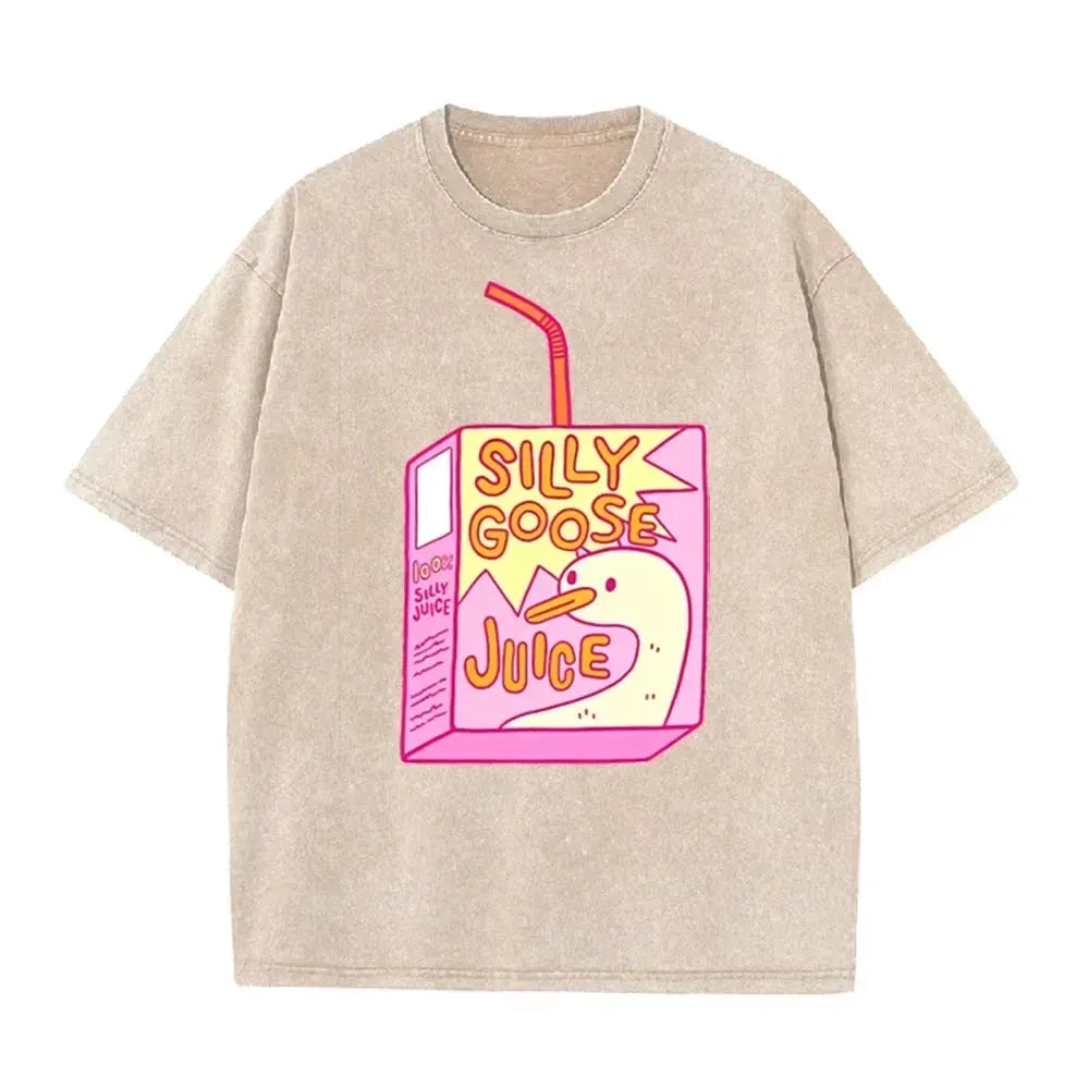 Cute Silly Goose Juice Box Print Washed Purple Y2K Aesthetic Women T-shirt by Vimost Shop