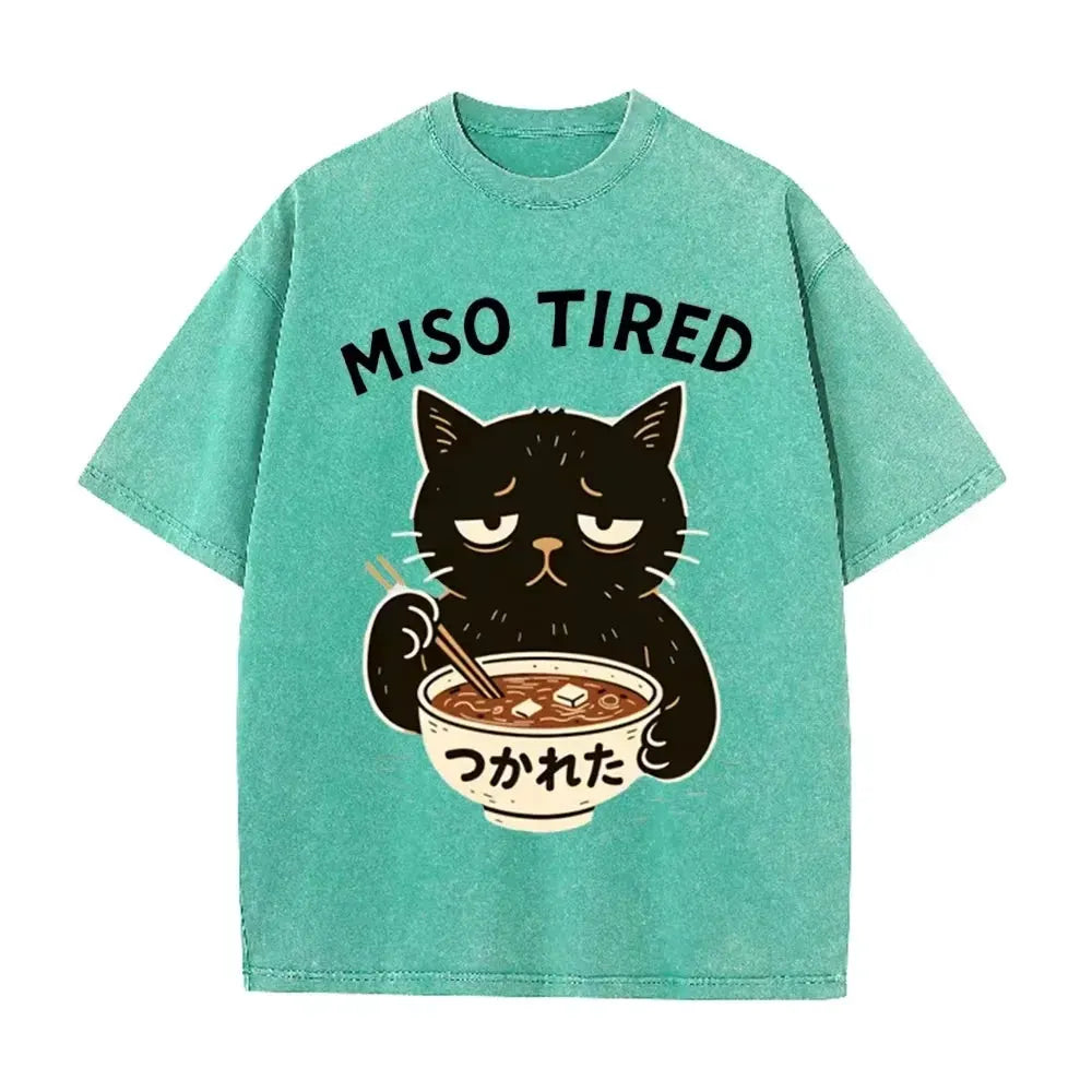 Vintage Washed Purple Miso Tired Black Cat Miso Soup Casual T Shirt by Vimost Shop