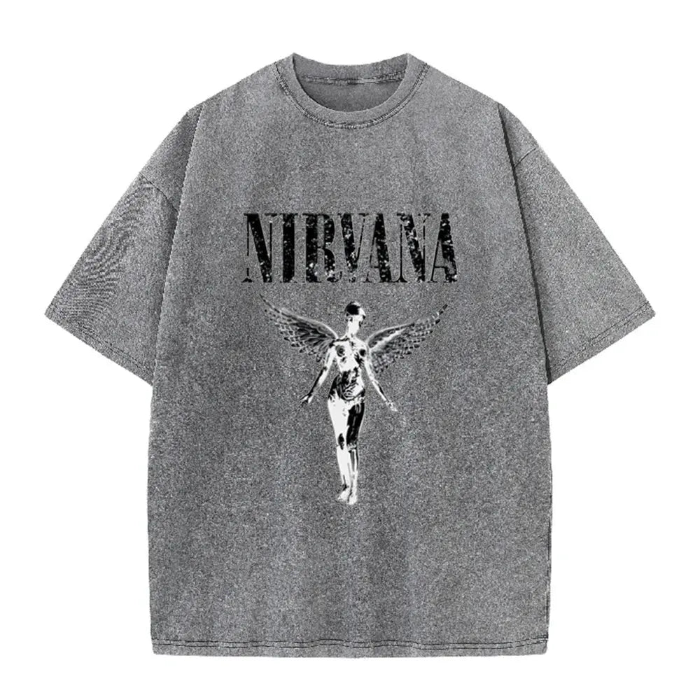 Vintage Distressed Washed Tee Nirvana Grunge Rock Silver Angel Skeleton Print Loose Fit Short Sleeve T Shirts by Vimost Shop