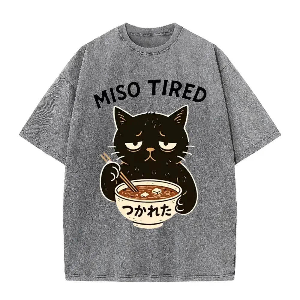 Vintage Washed Purple Miso Tired Black Cat Miso Soup Casual T Shirt by Vimost Shop
