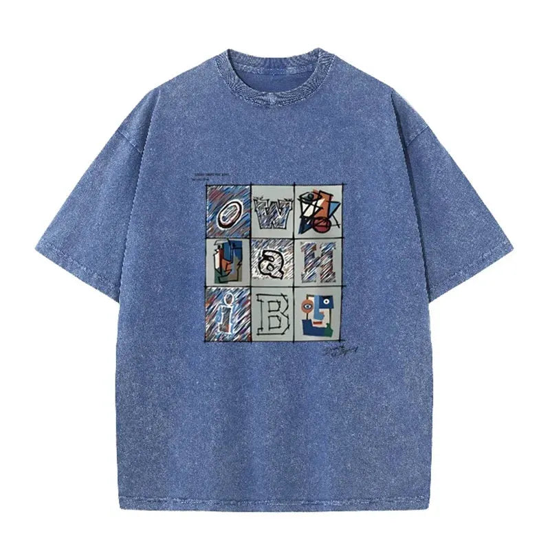 Retro Abstract Alphabet Art T Shirt Picasso Inspired Print Washed Casual Streetwear by Vimost Shop