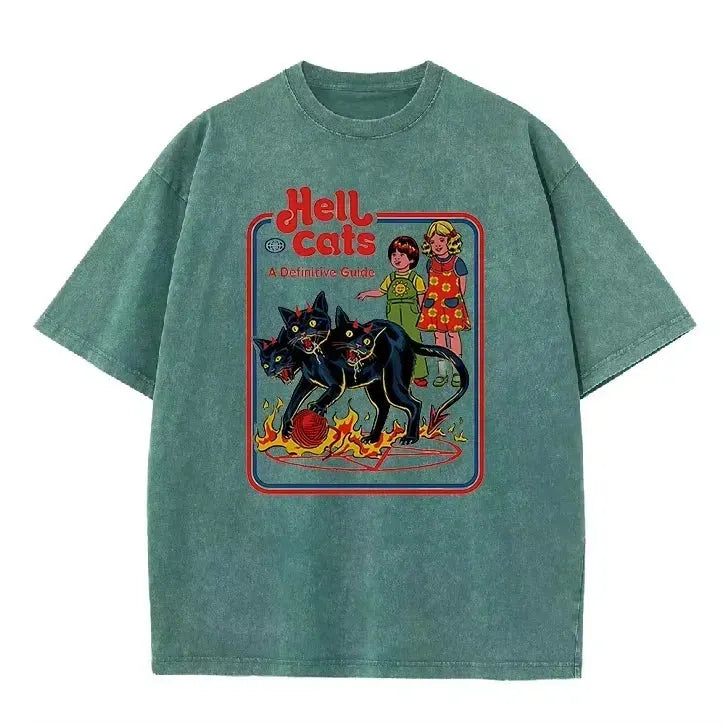 Purple Acid Wash Hell Cats Graphic Casual Retro Streetwear Tee by Vimost Shop