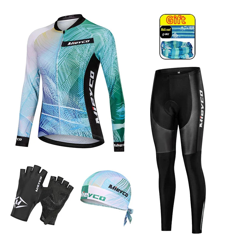 Women Long Sleeve Cycling Jersey Set MTB Bike Pants Kit Breathable Sportswear-13