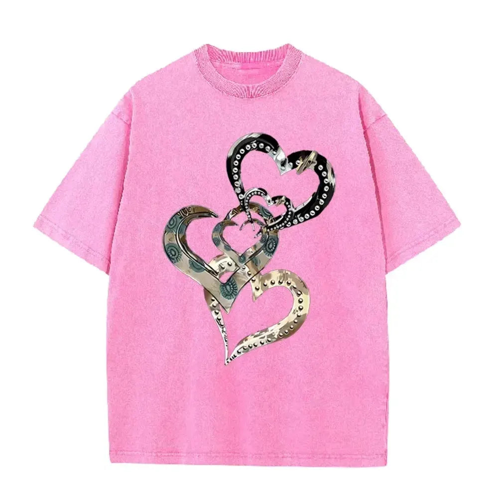 Retro Acid Wash Oversized T-shirt Metallic Multi Heart Print Punk Rivet Design Casual Street Tops by Vimost Shop