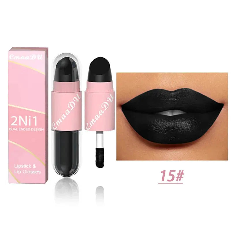 18 Colors 2 in 1 Matte Lipstick Liquid Purple Lip Glaze Double Head Lip Makeup Lasting Waterproof Velvet Sexy Dark Red Lipsticks by HMEINA Store