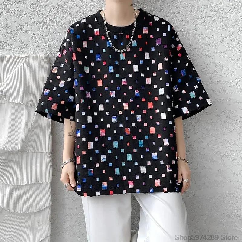 Summer Short Sleeved T-shirt Men Hollow Out Oversized Plaid T Shirt Men Streetwear Hip Hop Loose Casual Tshirt Male 5XL by Vimost Shop