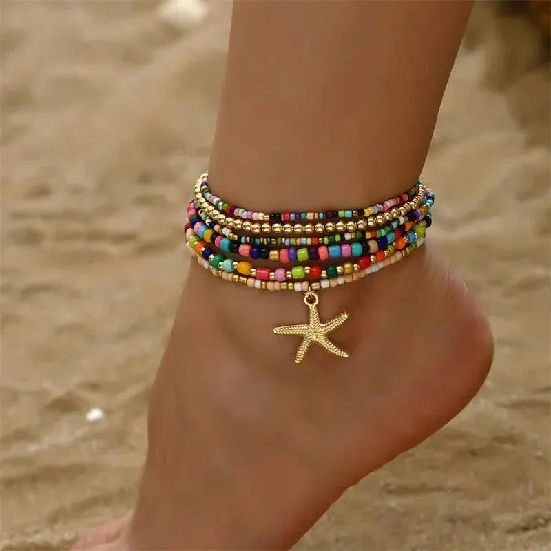 Bohemia Multilayer Rice Bead Anklet Set for Women Fashion Starfish Pendant Anklets Summer Sandy Beach Ankle Chain On Leg Jewelry by HongHaiEr Store