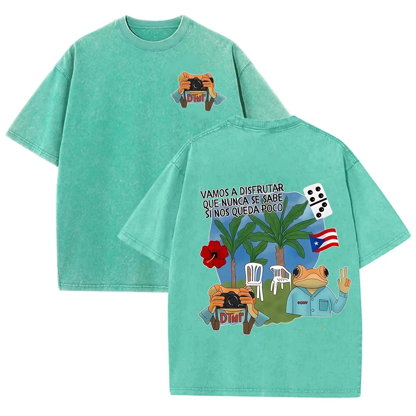 Puerto Rico Flag Frog Vamos A Disfrutar Quote Print Washed Beige Travel Lover T-shirt by Vimost Shop