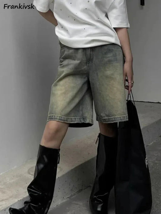 S-4XL Denim Shorts Women Chic Leisure Streetwear High Waist Korean Style Summer Knee Simple Comfortable Students Clothing New by Fertile Store