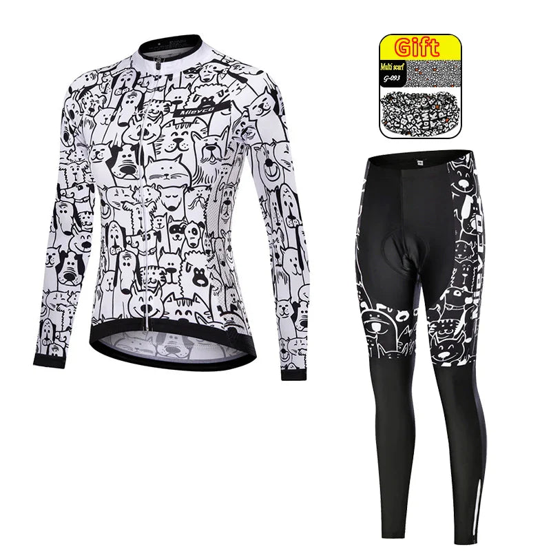 Women Long Sleeve Cycling Jersey Set MTB Bike Pants Kit Breathable Sportswear-16