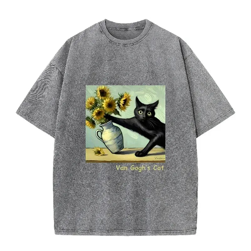 Funny s Cat Sunflower Art Print Vintage Washed Black Casual Top by Vimost Shop