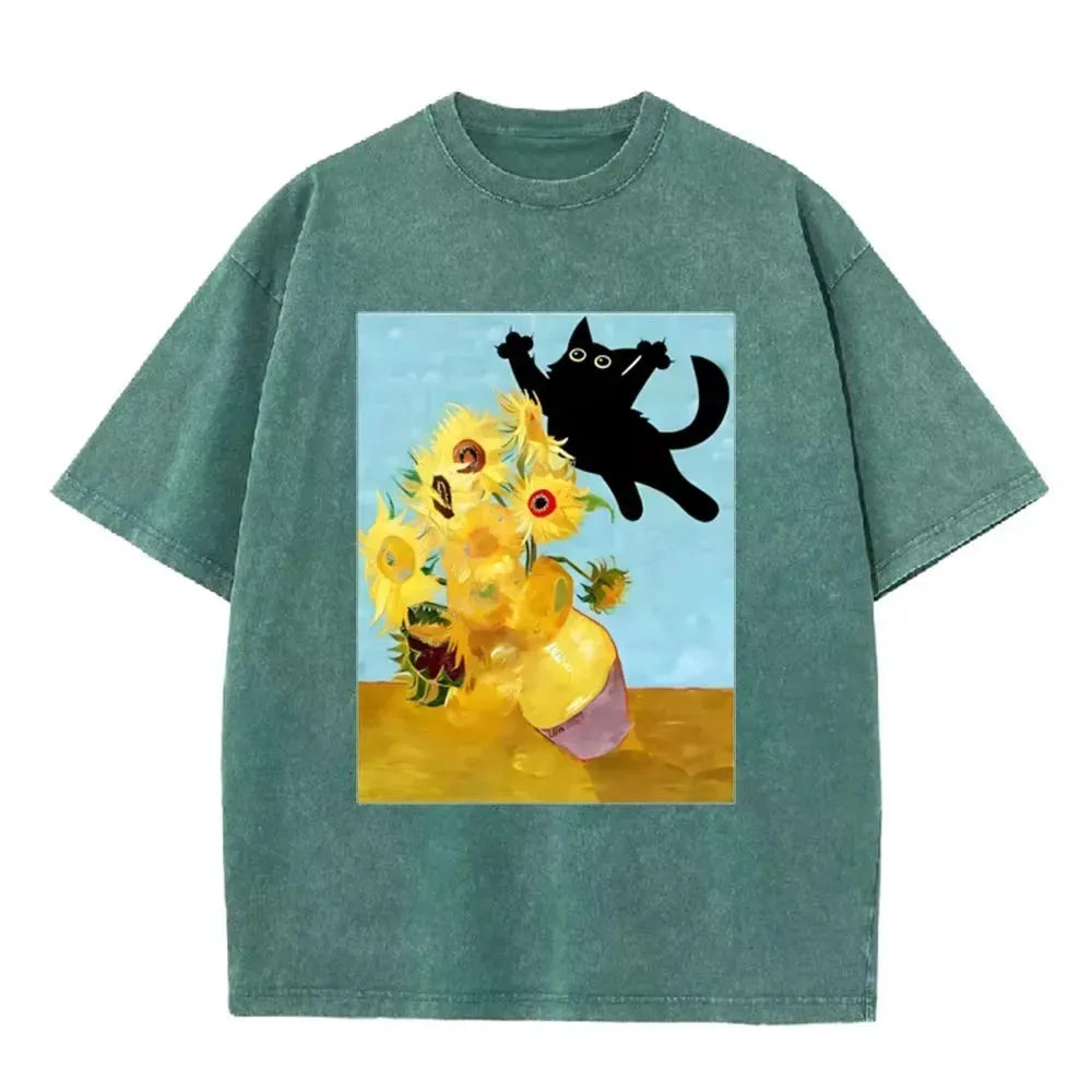 Van Gogh Sunflower Black Cat Parody Print Vintage Washed Purple Casual Art T Shirt by Vimost Shop