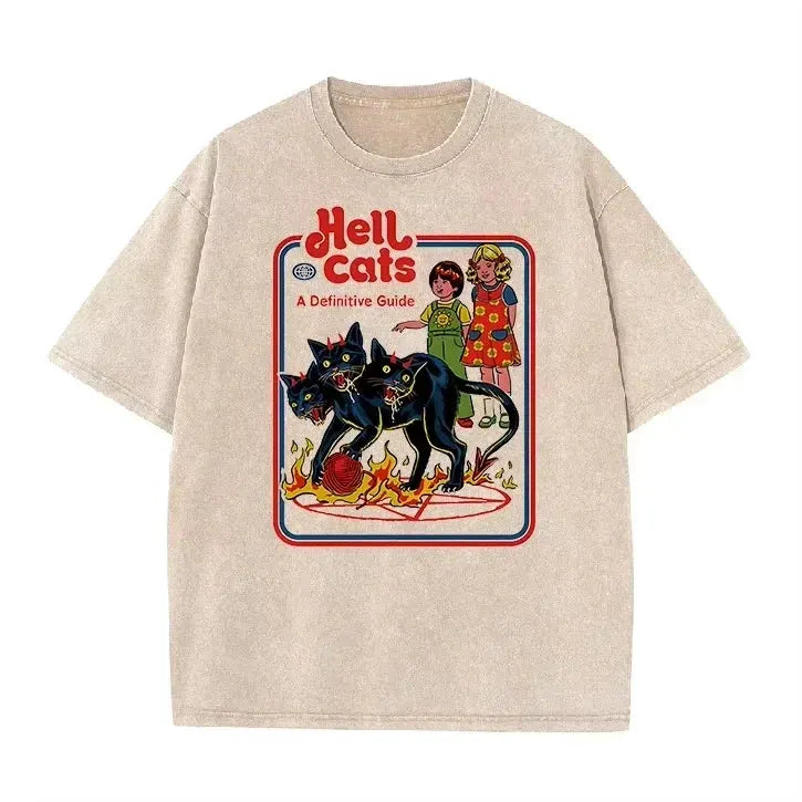 Purple Acid Wash Hell Cats Graphic Casual Retro Streetwear Tee by Vimost Shop