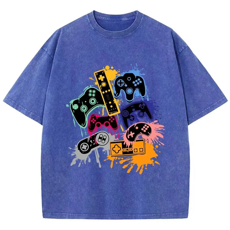 Game Console Graffiti Printing Washed T-Shirt Cotton T Shirts O-Neck Comfortable Distressed Tops Summer Mans Clothes by Vimost Shop