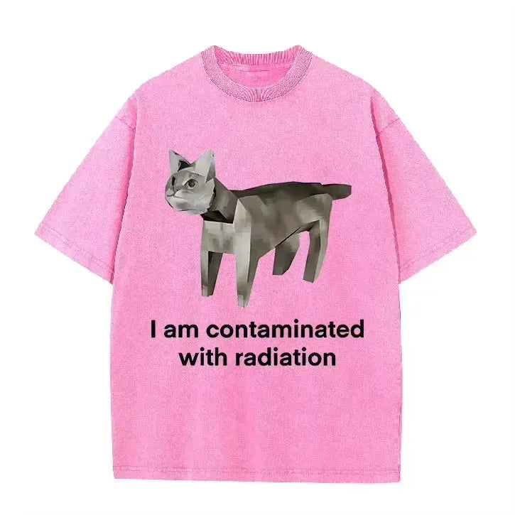 Vintage Washed Green Low Poly Radiation Cat I Am Contaminated Funny Meme Casual T Shirt by Vimost Shop