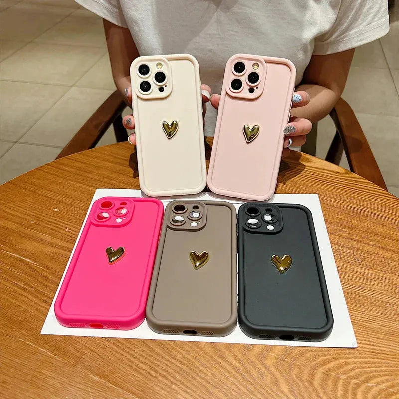 3D Gold Heart Silicone Soft Phone Case For iPhone 15 14 13 12 11 16 17 Pro Max XS XR 7 8 Plus SE Shockproof Candy Matte Cover by Shop1103740101 Store