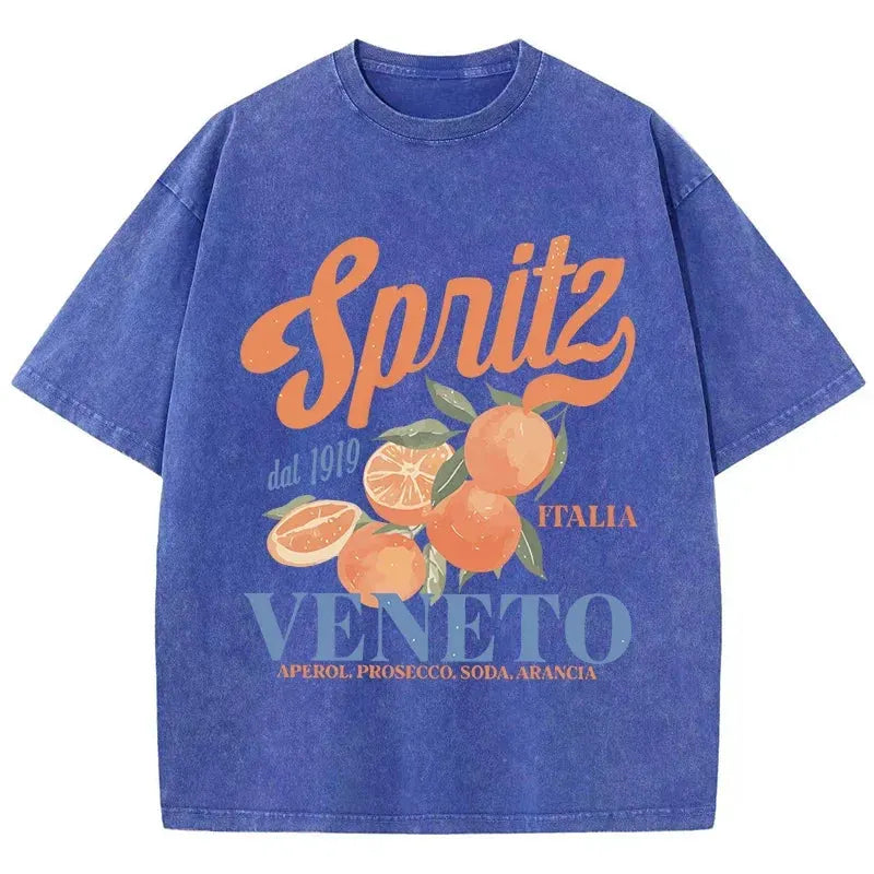 Orange Fruit Printed Washed T-shirt for Men Cotton T-shirt with Holes Round Neck Comfortable Top for Summer Men's Wear by Vimost Shop