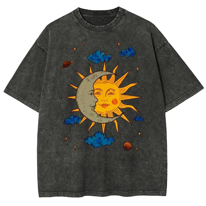 Men's Moon and Sun Printed T-shirt Oversized Short Sleeved Retro Washed Shirt Summer Top by Vimost Shop