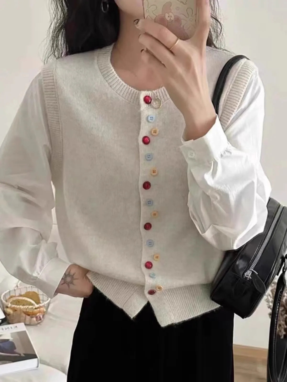 European goods color button cashmere knit vest cardigan women spring and autumn new round neck sleeveless sweater vest-5
