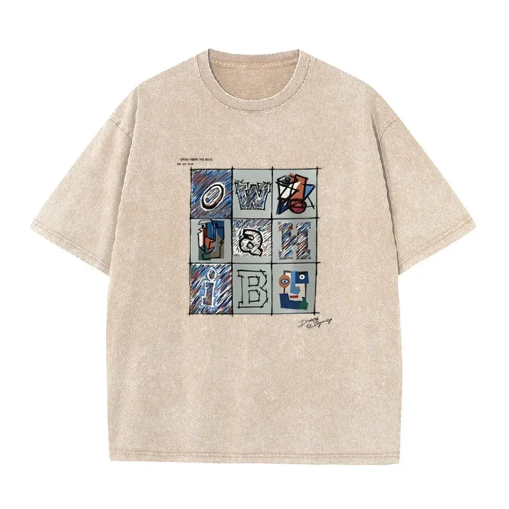 Retro Abstract Alphabet Art T Shirt Picasso Inspired Print Washed Casual Streetwear by Vimost Shop