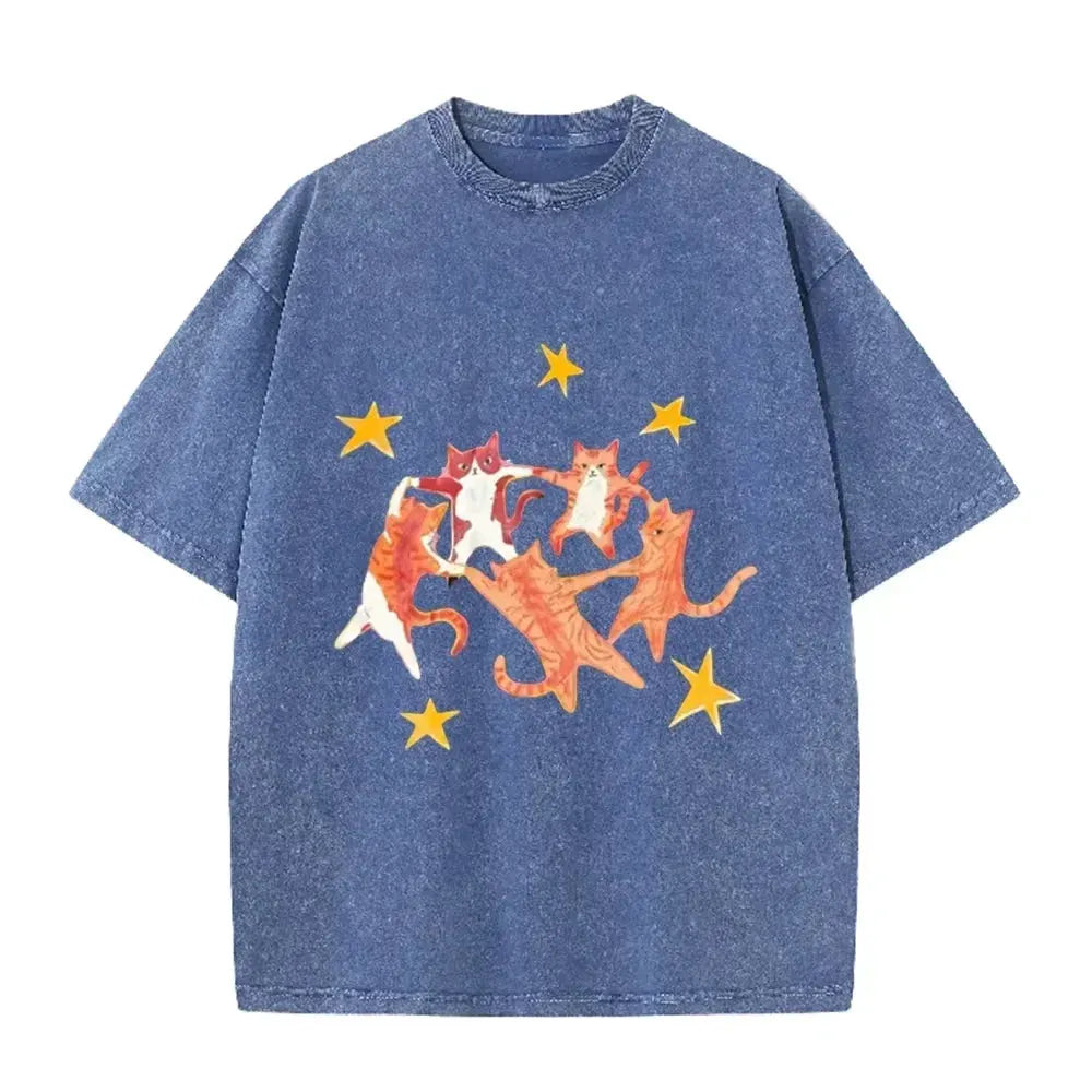 Vintage Washed Purple Dancing Orange Cats Star Print Casual Cute Animal Graphic T Shirt by Vimost Shop
