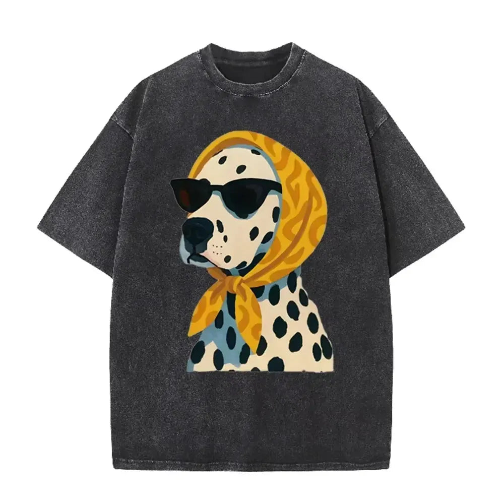 Distressed Vintage Washed Tee Stylish Cool Dalmatian Cartoon Animal Print Loose Fit Short Sleeve T Shirts by Vimost Shop