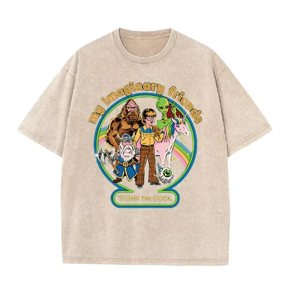 Brown Acid Wash Imaginary Friends Graphic Casual Retro Streetwear Tee by Vimost Shop