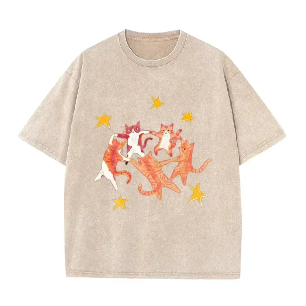 Vintage Washed Purple Dancing Orange Cats Star Print Casual Cute Animal Graphic T Shirt by Vimost Shop
