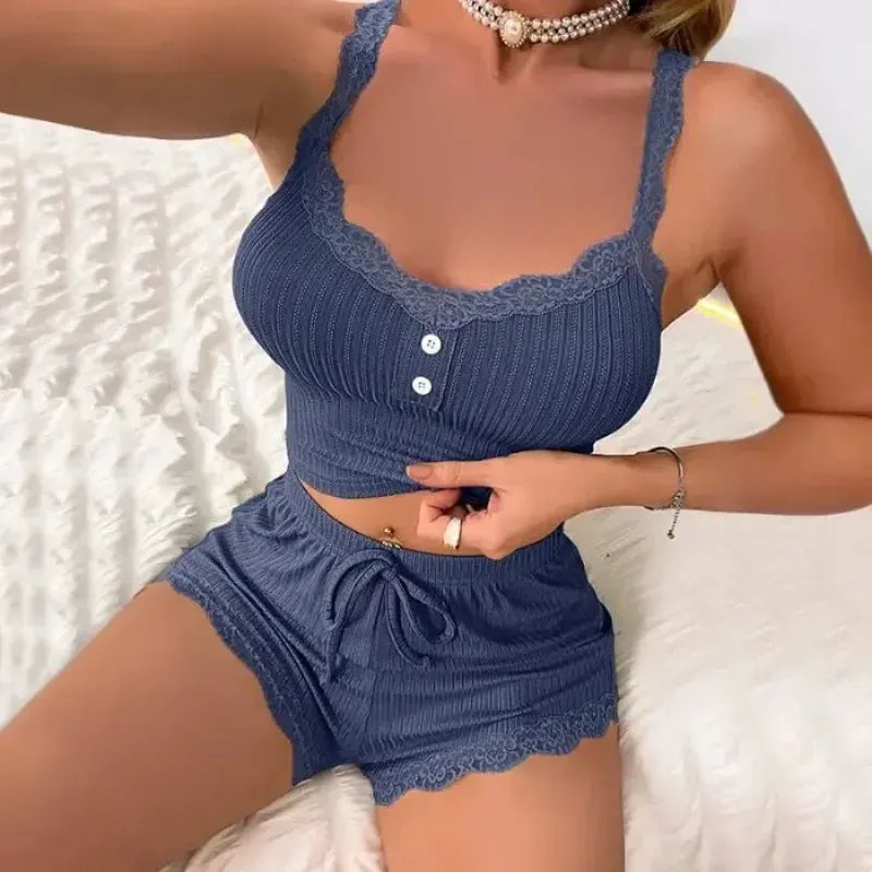 Women's Lace-Trim Cami and Drawstring Shorts Two-Piece Pajama Set by Vimost Shop