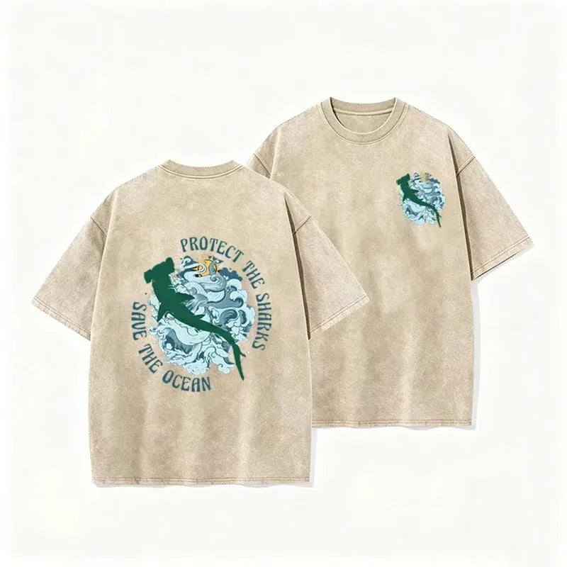 Distressed Vintage Washed Tee Double Print Shark Wave Protect Ocean Letter Loose Fit Short Sleeve T Shirts by Vimost Shop
