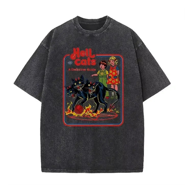 Purple Acid Wash Hell Cats Graphic Casual Retro Streetwear Tee by Vimost Shop