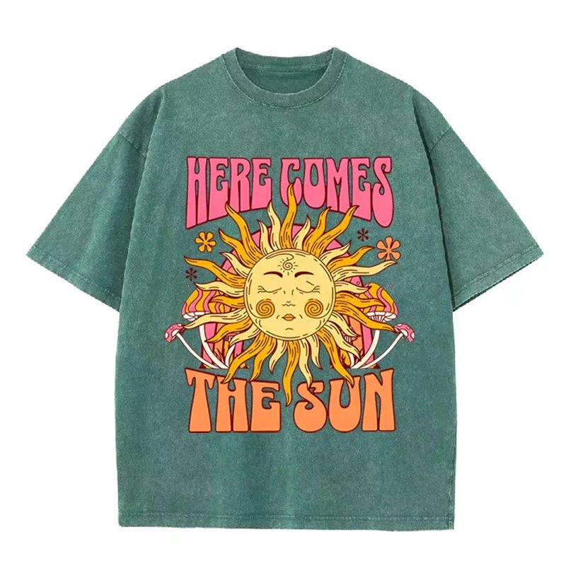 Vintage Black Here Comes The Sun T Shirt Retro Psychedelic Sun Acid Wash Tee by Vimost Shop