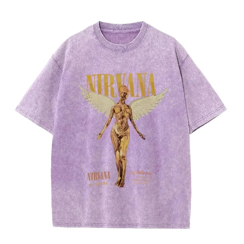 Vintage Distressed Washed Tee Nirvana Grunge Rock Silver Angel Skeleton Print Loose Fit Short Sleeve T Shirts by Vimost Shop