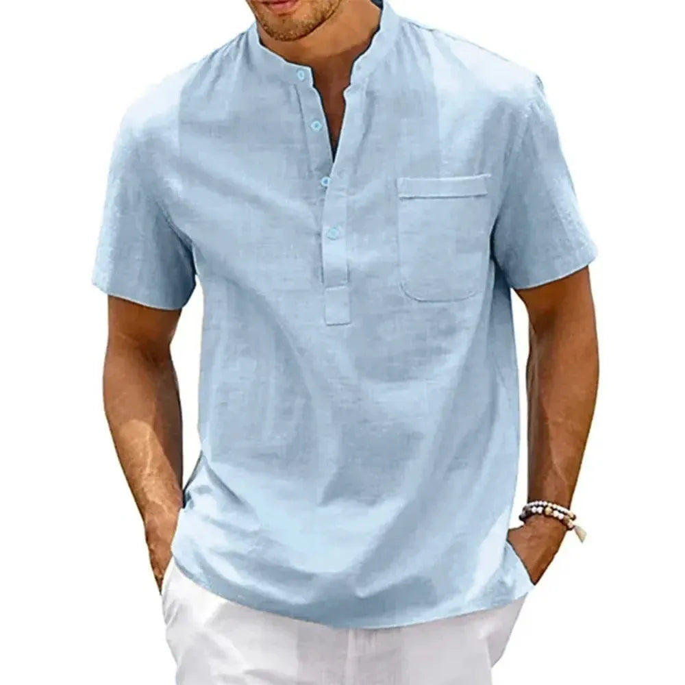 Men’s Short-Sleeve Cotton-Linen Henley Shirt by Vimost Shop