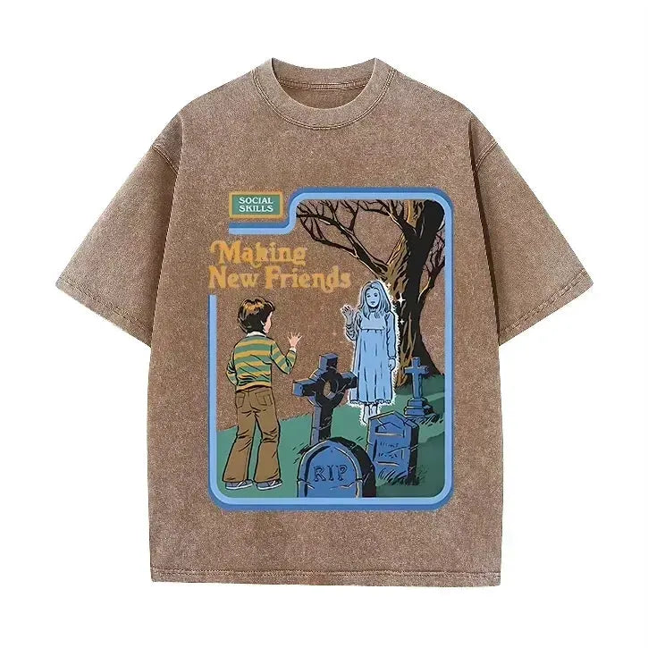 Green Acid Wash Making Friends Ghost Cemetery Vintage Halloween Tee by Vimost Shop