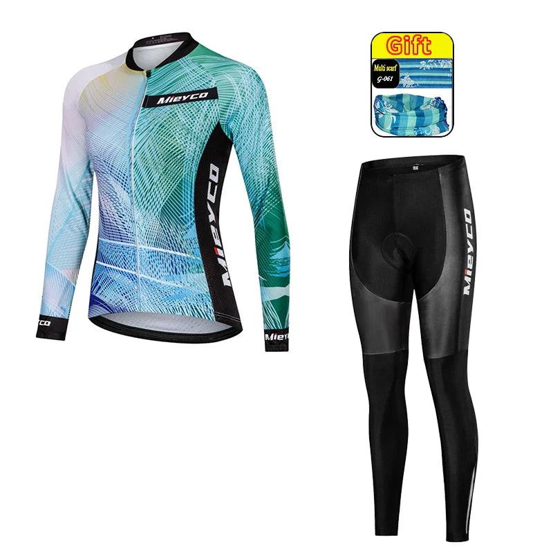 Women Long Sleeve Cycling Jersey Set MTB Bike Pants Kit Breathable Sportswear-11