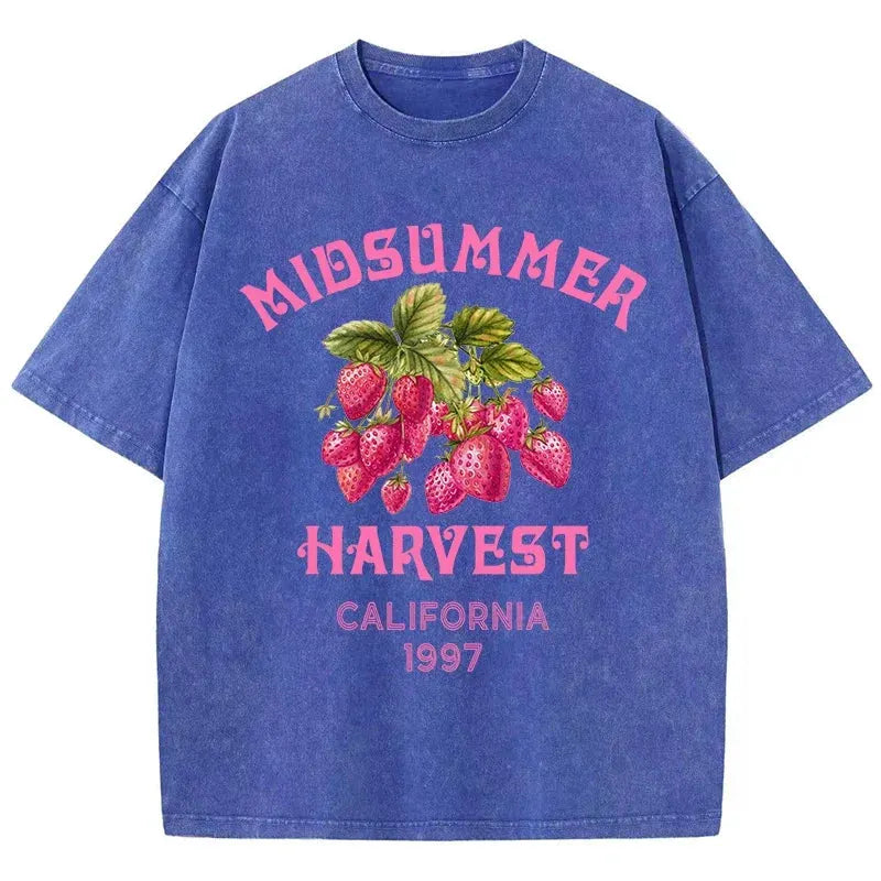 Men's Cotton T-shirt Strawberry Printed Washed T-shirt Comfortable Round Neck Top Men's Summer Clothing by Vimost Shop