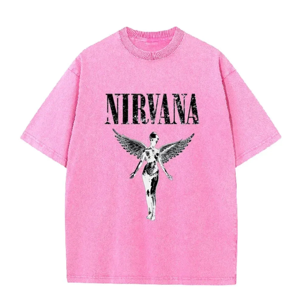 Vintage Distressed Washed Tee Nirvana Grunge Rock Silver Angel Skeleton Print Loose Fit Short Sleeve T Shirts by Vimost Shop