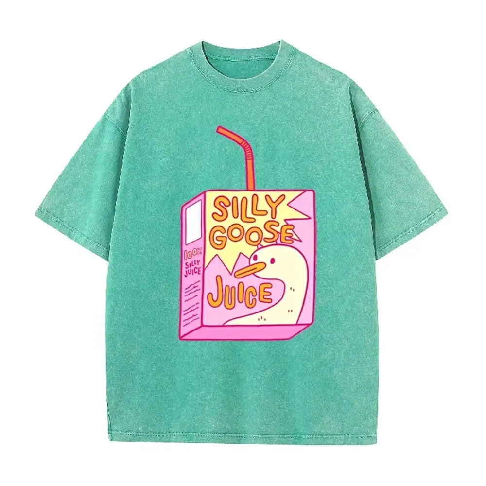 Cute Silly Goose Juice Box Print Washed Purple Y2K Aesthetic Women T-shirt by Vimost Shop