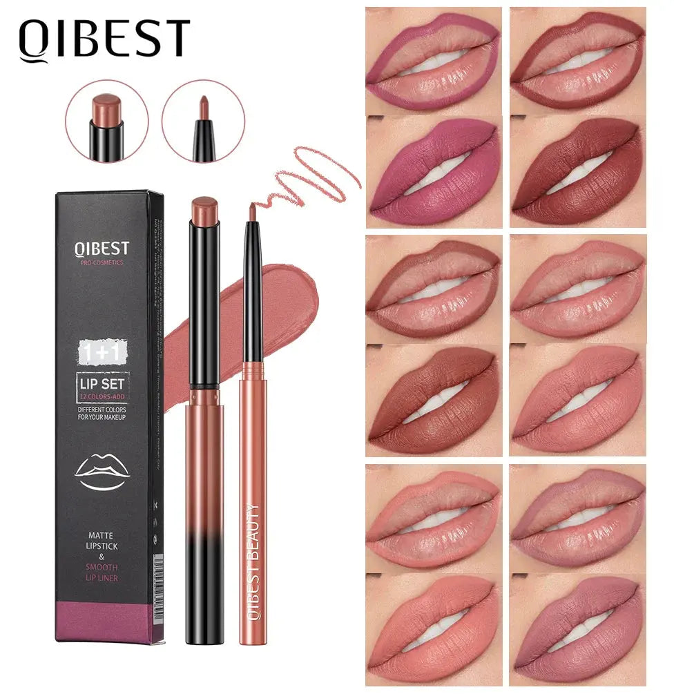 QIBEST 2pcs Lipstick Lipliner Pen Set Matte Velvet Lip Liner Pencil Contour Makeup Sexy Red Lip Stick Long Lasting Cosmetics by QiBest Official Store