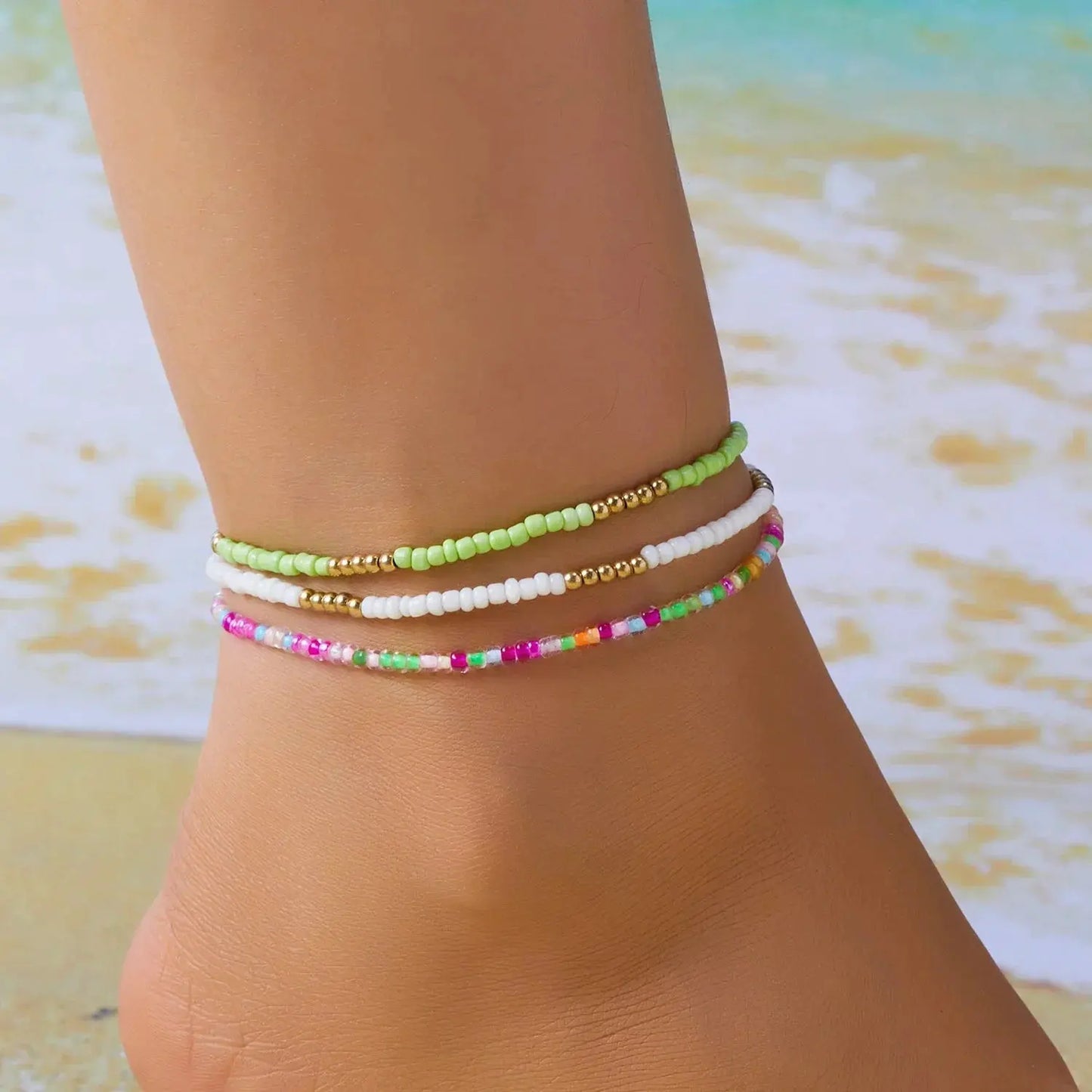 Bohemia Multilayer Rice Bead Anklet Set for Women Fashion Starfish Pendant Anklets Summer Sandy Beach Ankle Chain On Leg Jewelry by HongHaiEr Store