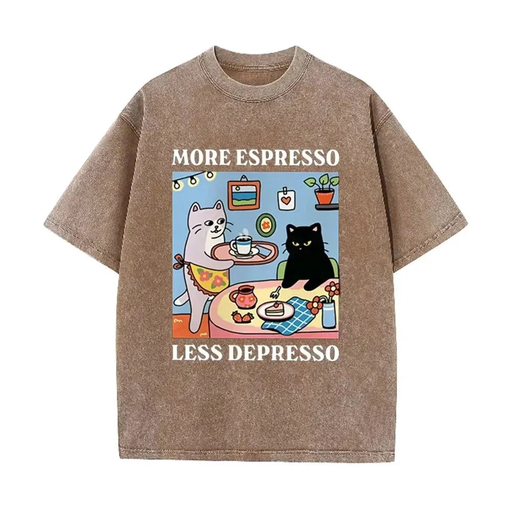 Vintage Black Cat Coffee T Shirt More Espresso Less Depresso Graphic Acid Wash Tee by Vimost Shop