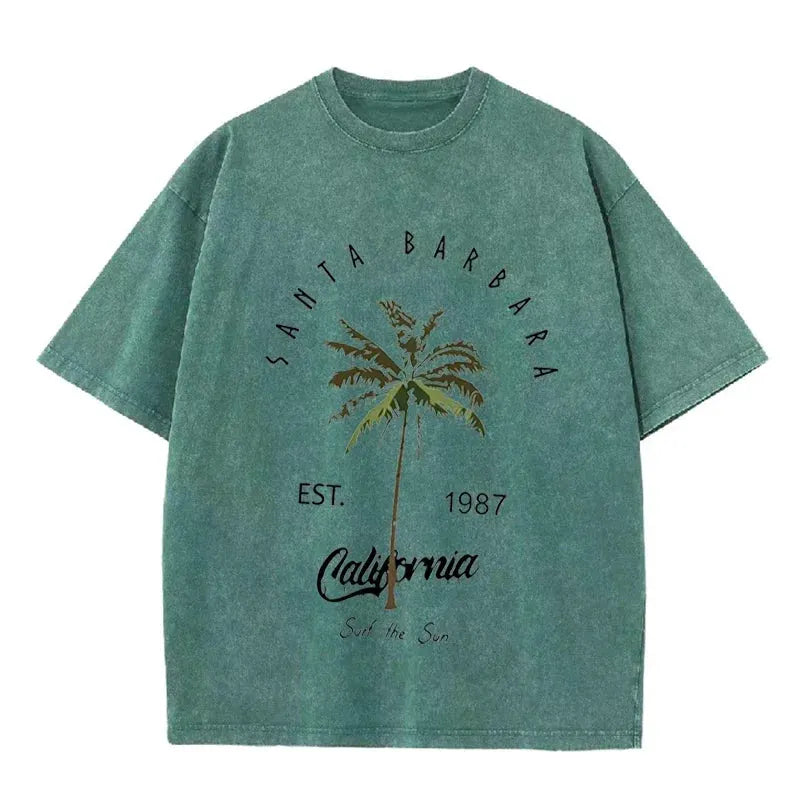 Vintage Palm Tree Print T Shirt Santa Barbara Retro Washed Cotton Tee by Vimost Shop