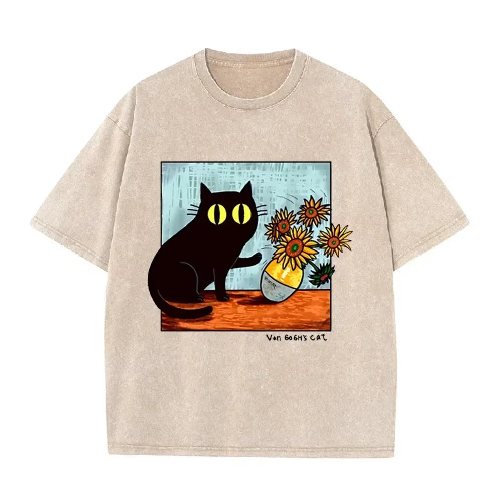 Funny Art Cat Van Gogh's Cat Print Vintage Washed Blue Casual Graphic T Shirt by Vimost Shop
